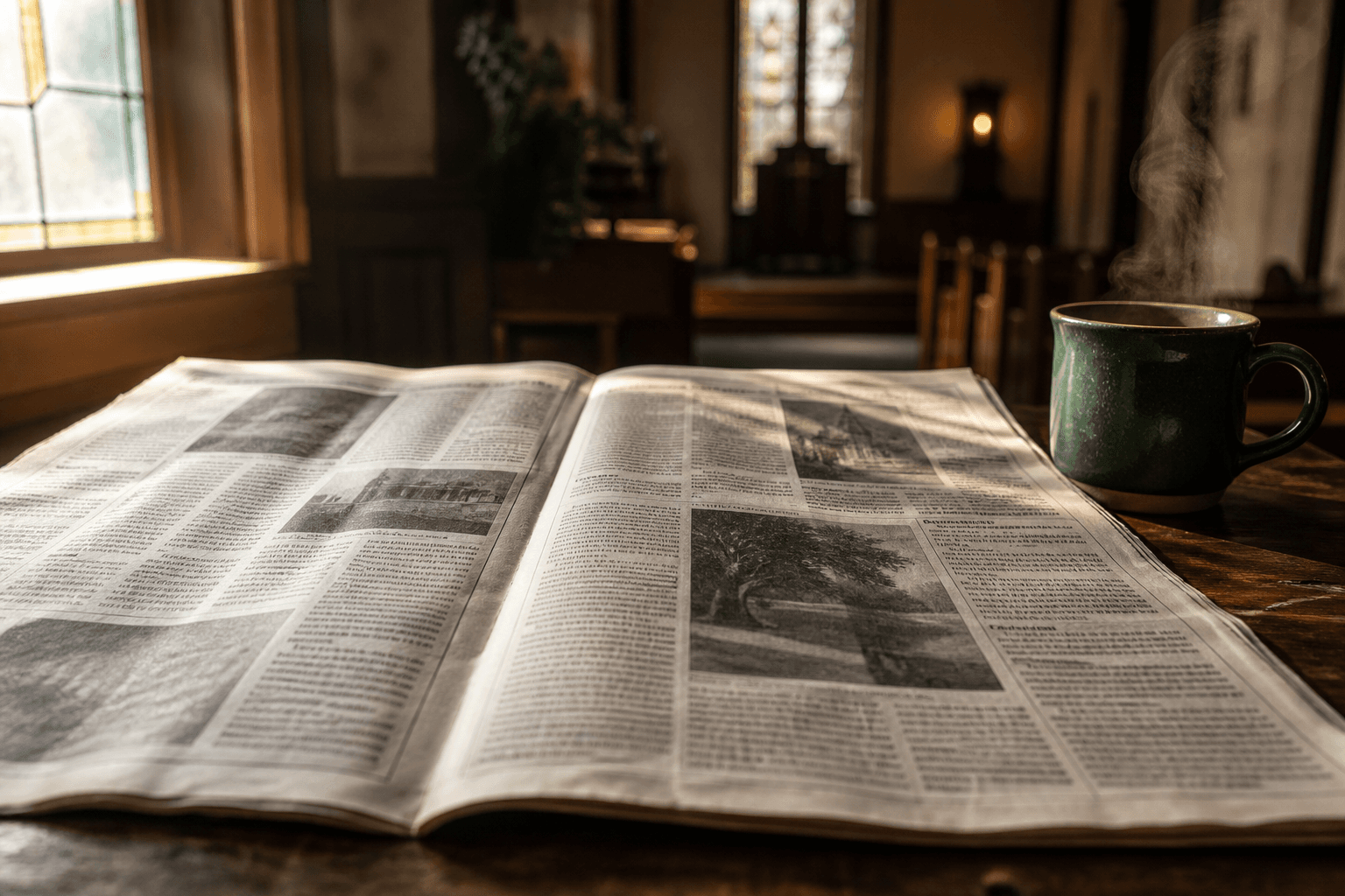 Open newspaper on a wooden table